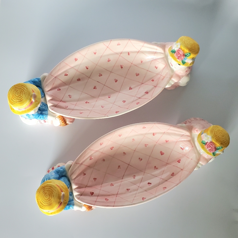 (2) 1992 Fitz and Floyd Ceramic Rabbits / Bunny Pink Oval Dishes - Picture 15 of 16